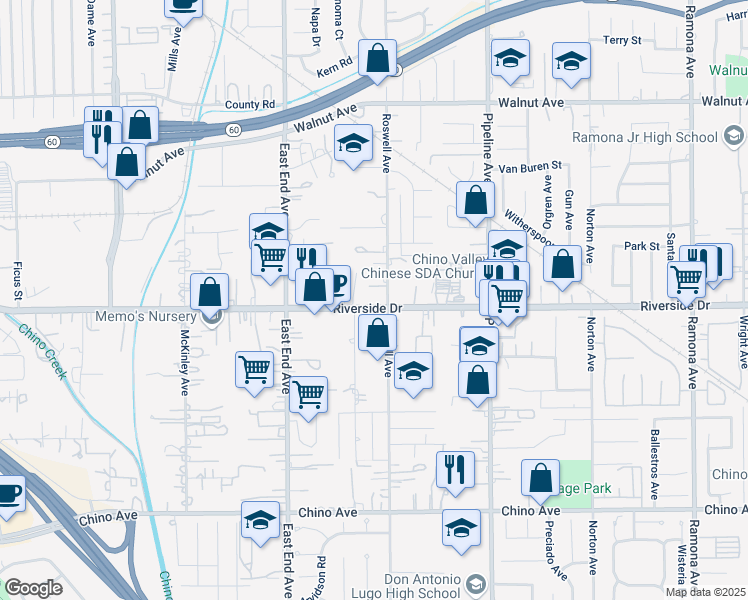 map of restaurants, bars, coffee shops, grocery stores, and more near 3872 Riverside Drive in Chino