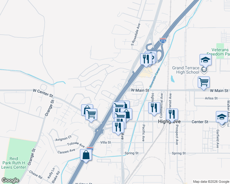 map of restaurants, bars, coffee shops, grocery stores, and more near 103 West La Cadena Drive in Riverside