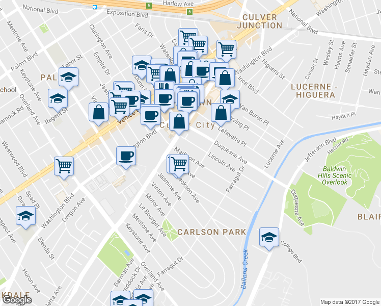 map of restaurants, bars, coffee shops, grocery stores, and more near 4048 Madison Avenue in Culver City