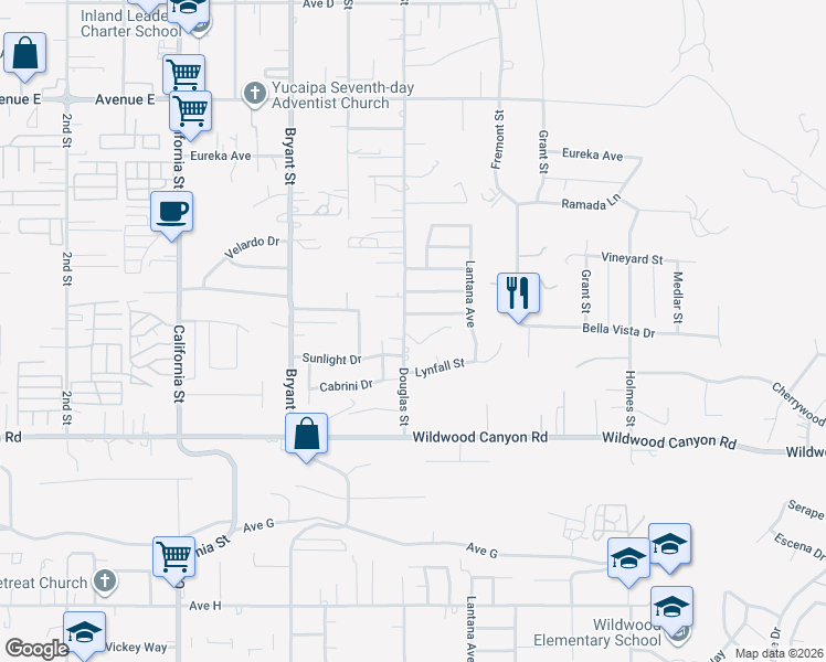 map of restaurants, bars, coffee shops, grocery stores, and more near 12911 Douglas Street in Yucaipa