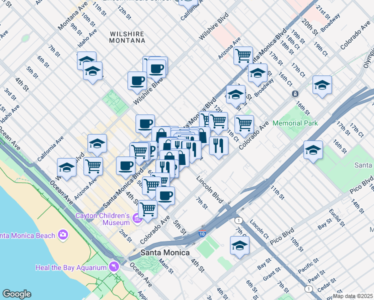map of restaurants, bars, coffee shops, grocery stores, and more near 1447 Lincoln Boulevard in Santa Monica
