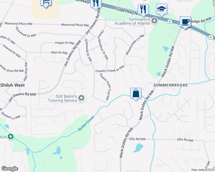 map of restaurants, bars, coffee shops, grocery stores, and more near 2939 Owens Point Trail Northwest in Kennesaw