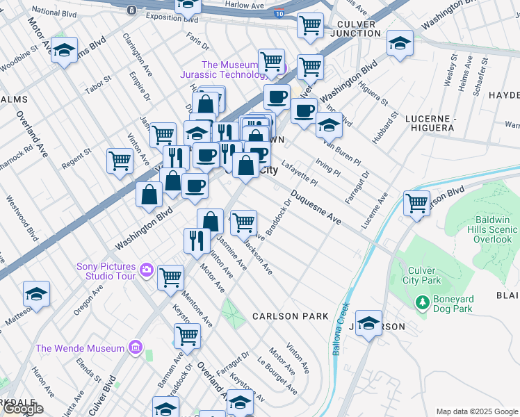 map of restaurants, bars, coffee shops, grocery stores, and more near 4048 Madison Avenue in Culver City