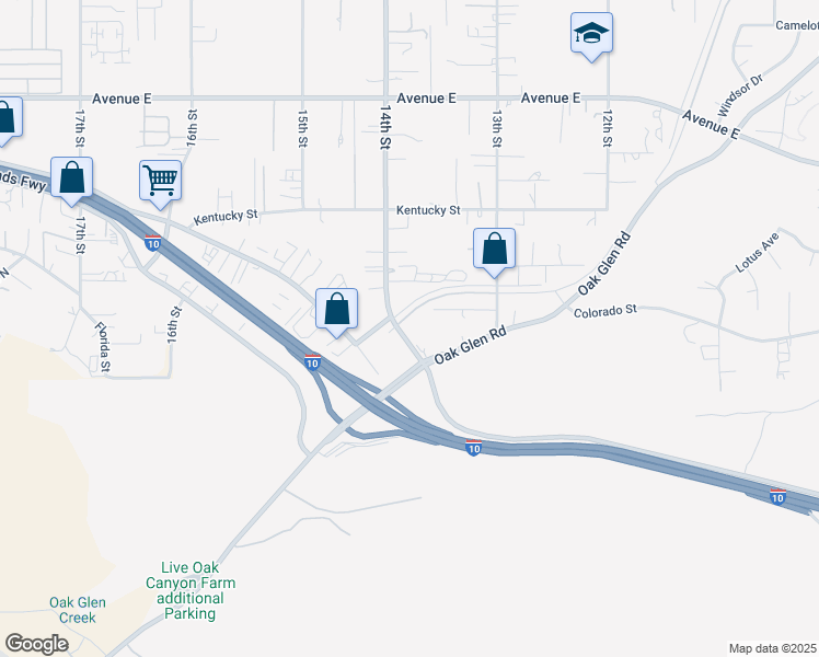 map of restaurants, bars, coffee shops, grocery stores, and more near 12915 14th Street in Yucaipa