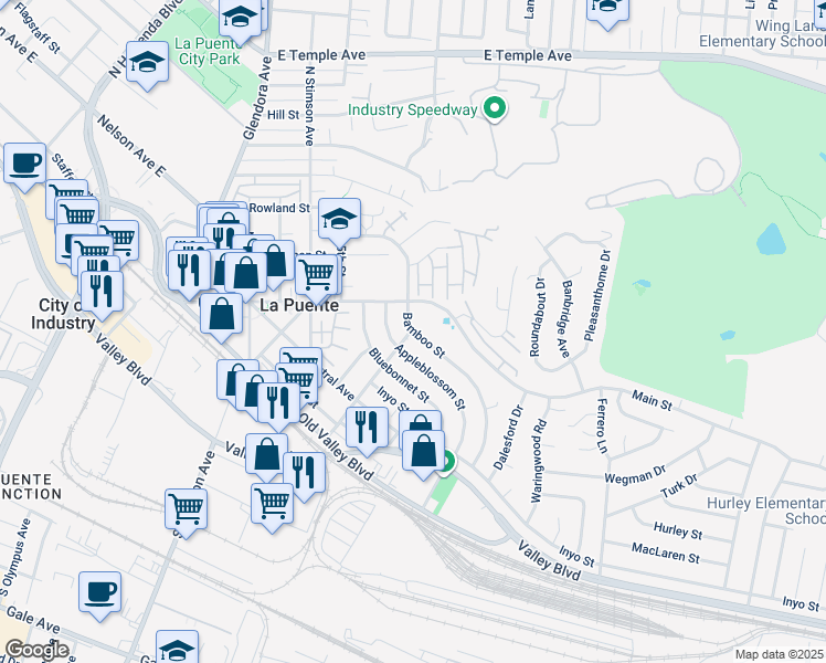 map of restaurants, bars, coffee shops, grocery stores, and more near Bamboo Street in La Puente