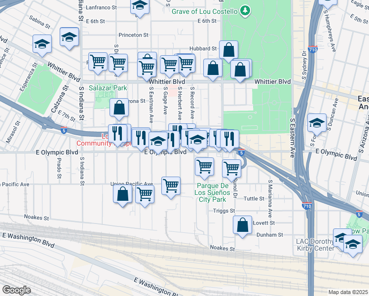 map of restaurants, bars, coffee shops, grocery stores, and more near 4211 East Olympic Boulevard in Los Angeles