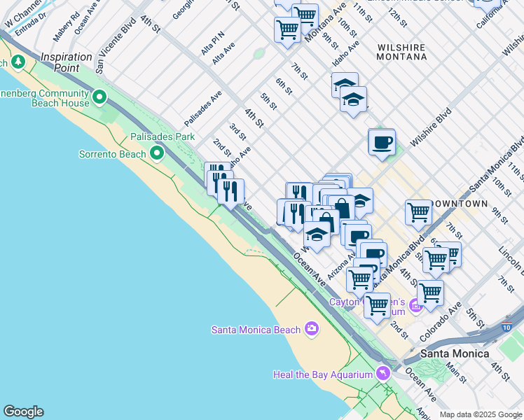 map of restaurants, bars, coffee shops, grocery stores, and more near 1025 Ocean Avenue in Santa Monica