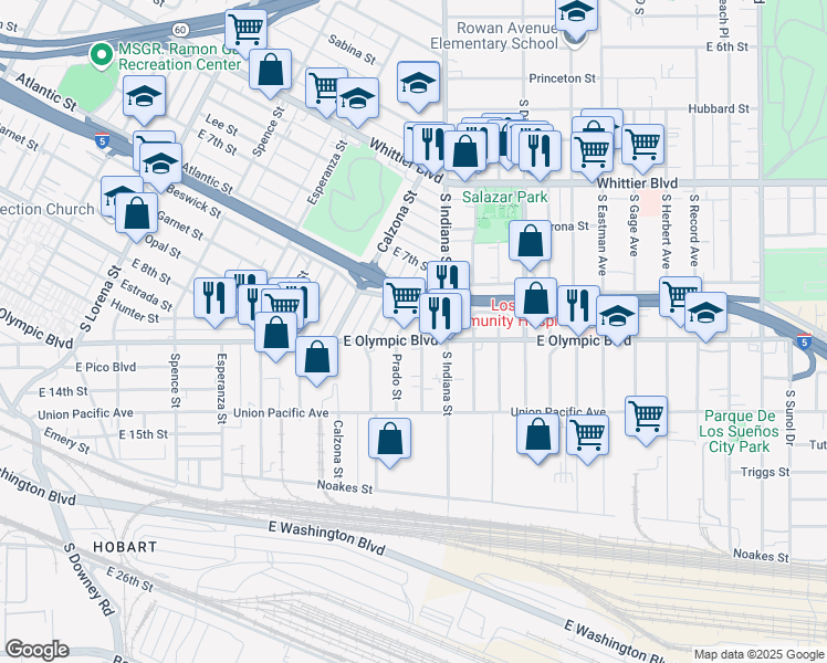 map of restaurants, bars, coffee shops, grocery stores, and more near 1206 Prado Street in Los Angeles
