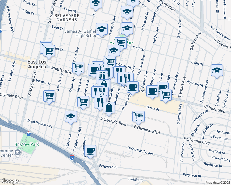 map of restaurants, bars, coffee shops, grocery stores, and more near 931 South Hillview Avenue in East Los Angeles