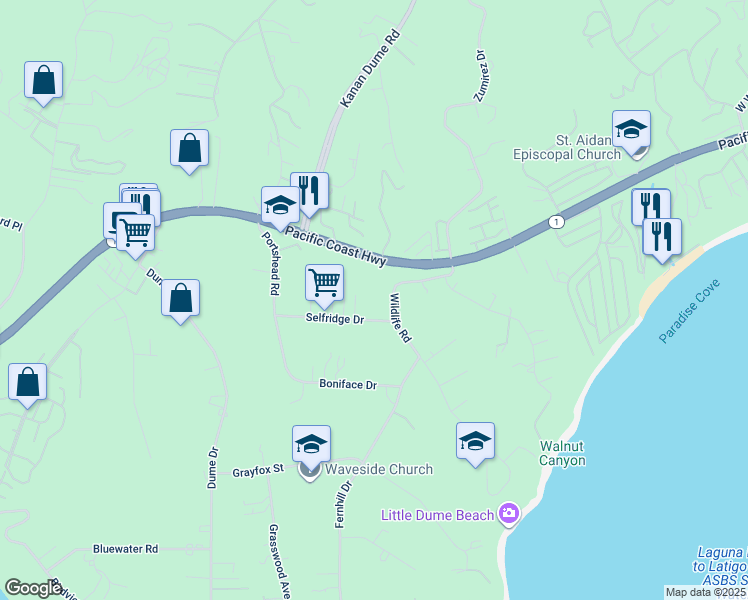 map of restaurants, bars, coffee shops, grocery stores, and more near 28837 Selfridge Drive in Malibu