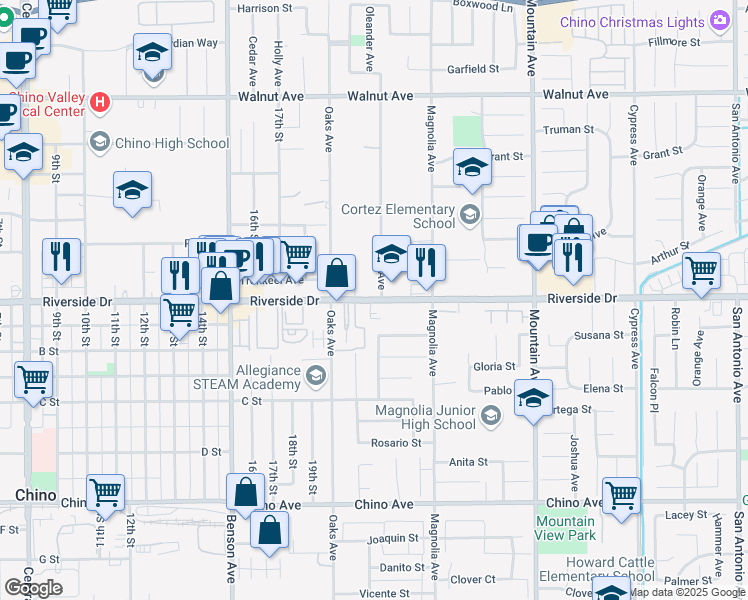 map of restaurants, bars, coffee shops, grocery stores, and more near 5982 Riverside Drive in Chino