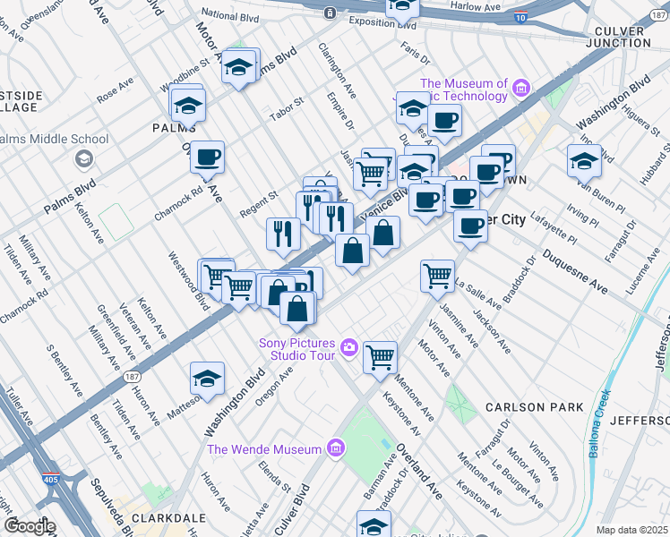 map of restaurants, bars, coffee shops, grocery stores, and more near 3836 Mentone Avenue in Culver City