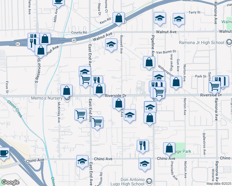 map of restaurants, bars, coffee shops, grocery stores, and more near 3862 Riverside Drive in Chino