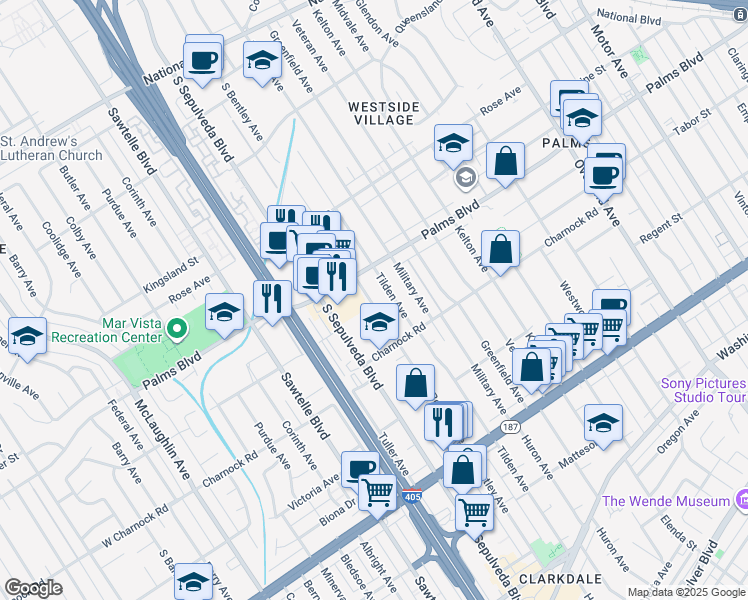map of restaurants, bars, coffee shops, grocery stores, and more near 3545 South Bentley Avenue in Los Angeles