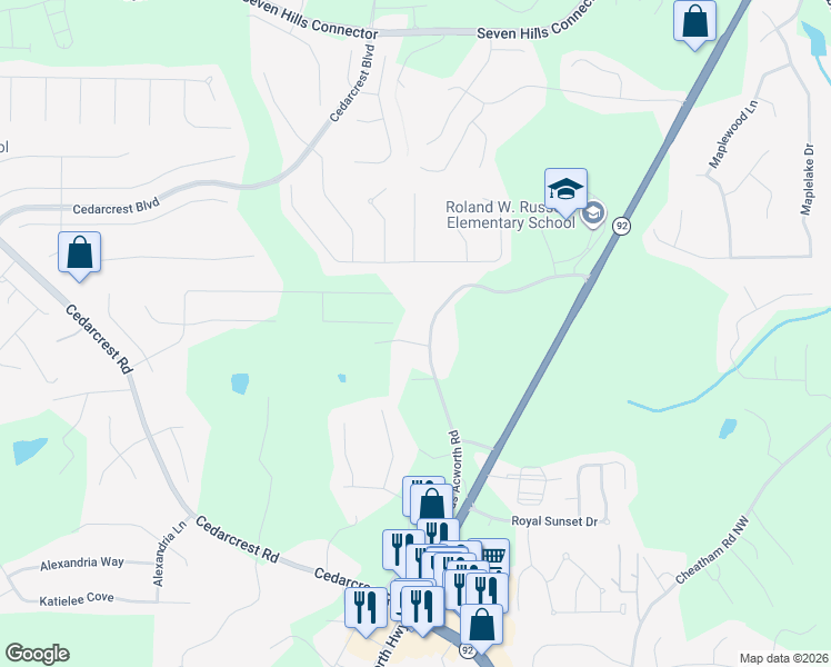 map of restaurants, bars, coffee shops, grocery stores, and more near 618 Old Dallas Acworth Road in Dallas