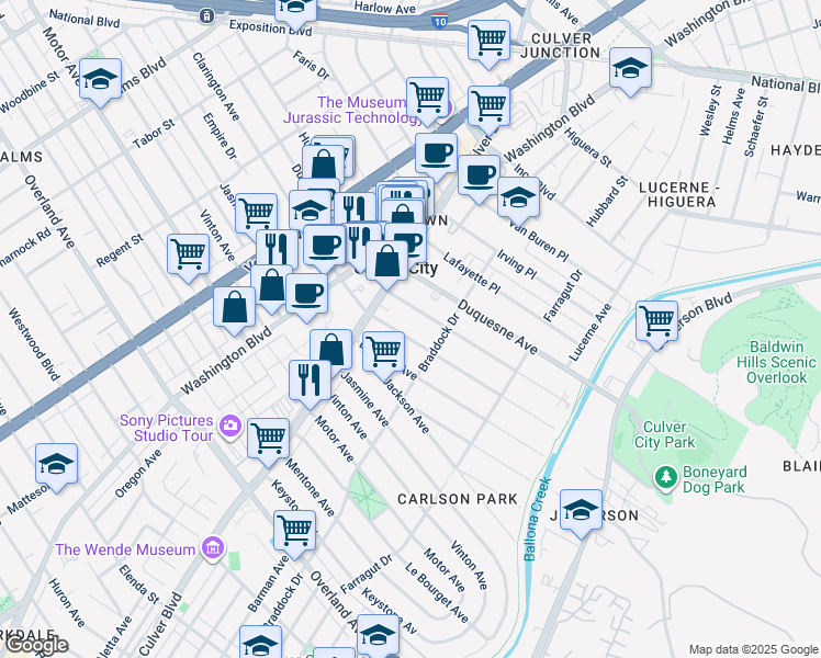 map of restaurants, bars, coffee shops, grocery stores, and more near 4048 Madison Avenue in Culver City