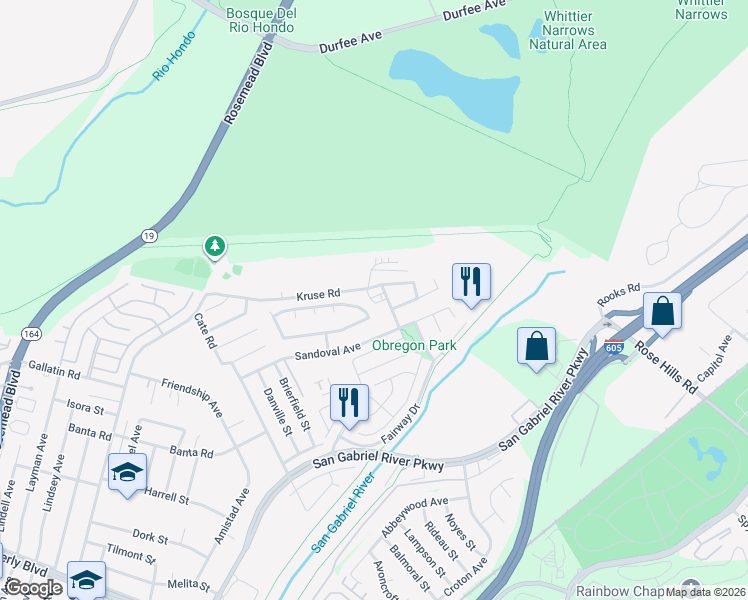 map of restaurants, bars, coffee shops, grocery stores, and more near 9621 Kruse Road in Pico Rivera