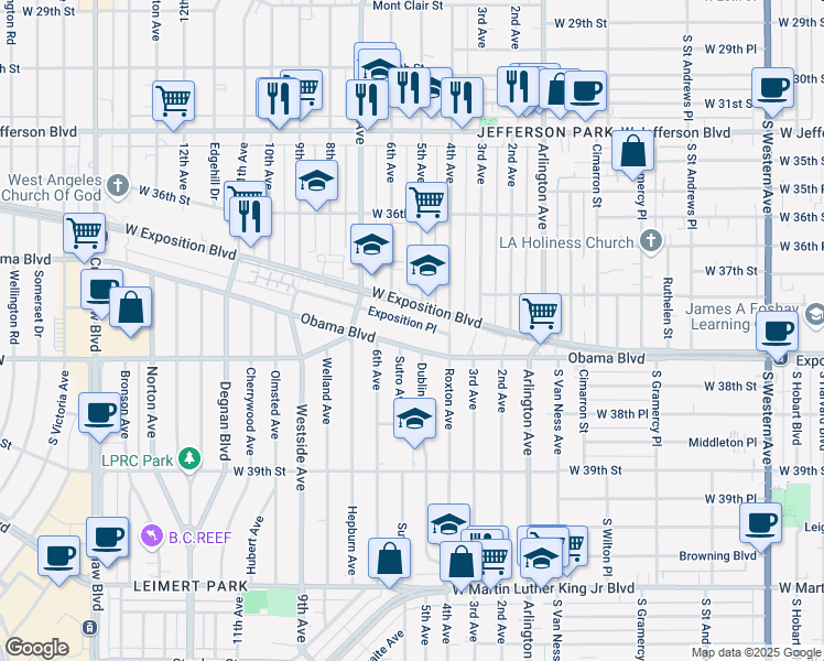 map of restaurants, bars, coffee shops, grocery stores, and more near 2444 Exposition Place in Los Angeles