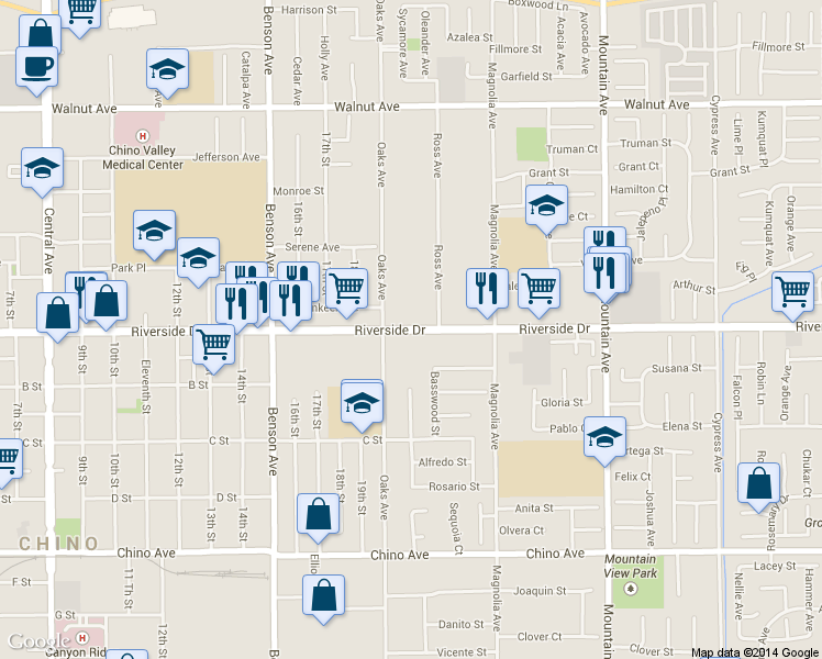 map of restaurants, bars, coffee shops, grocery stores, and more near 5951 Riverside Drive in Chino