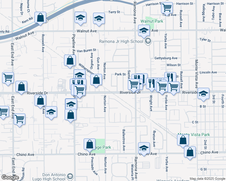 map of restaurants, bars, coffee shops, grocery stores, and more near 4362 Riverside Drive in Chino