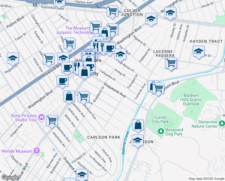 map of restaurants, bars, coffee shops, grocery stores, and more near 4141 Duquesne Avenue in Culver City