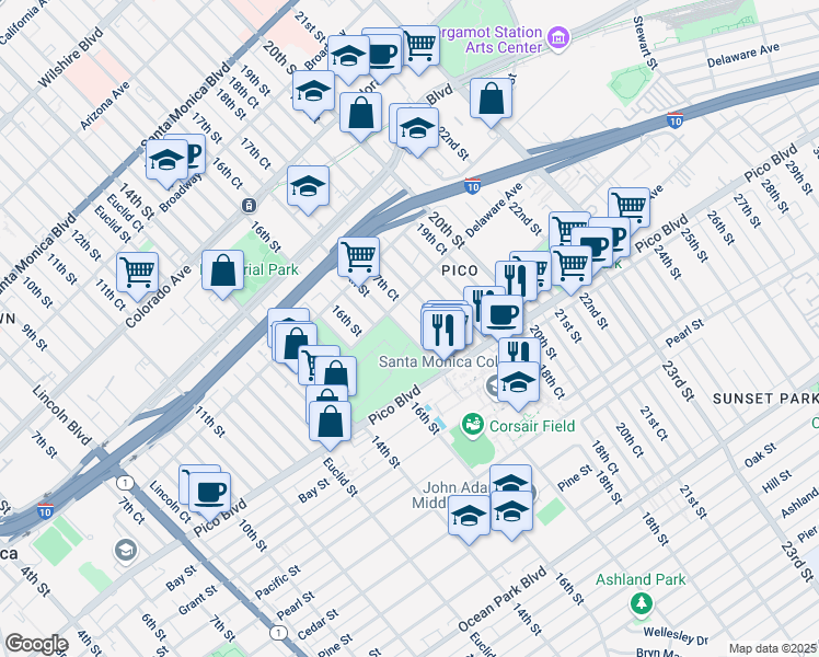 map of restaurants, bars, coffee shops, grocery stores, and more near 1927 17th Street in Santa Monica