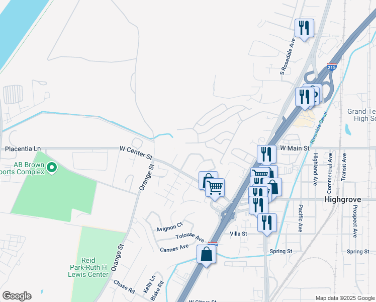 map of restaurants, bars, coffee shops, grocery stores, and more near 264 Mont Martre Avenue in Riverside