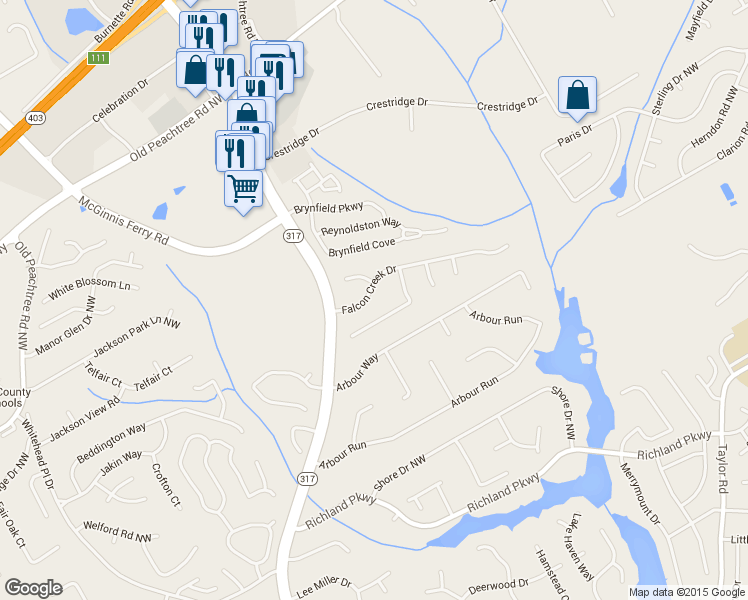 map of restaurants, bars, coffee shops, grocery stores, and more near 390 Falcon Creek Drive in Suwanee