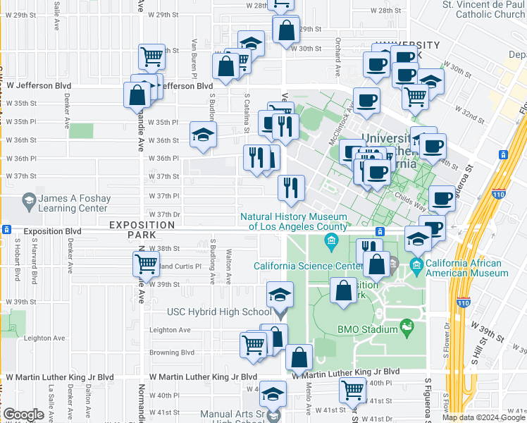 map of restaurants, bars, coffee shops, grocery stores, and more near 1043 West Exposition Boulevard in Los Angeles
