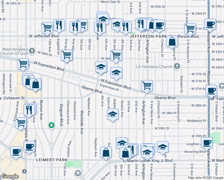 map of restaurants, bars, coffee shops, grocery stores, and more near 2444 Exposition Place in Los Angeles