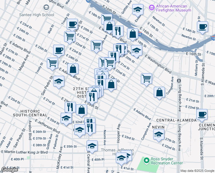 map of restaurants, bars, coffee shops, grocery stores, and more near 2 East 25th Street in Los Angeles