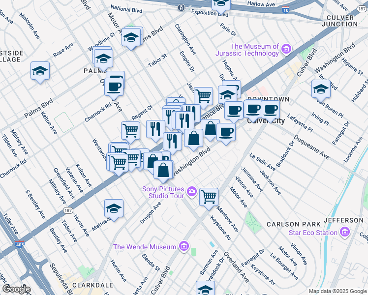 map of restaurants, bars, coffee shops, grocery stores, and more near 3836 Mentone Avenue in Culver City
