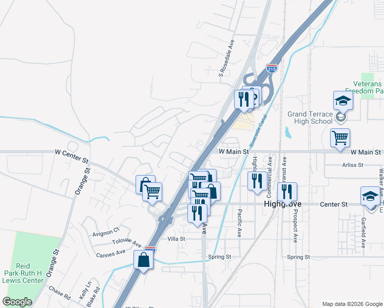 map of restaurants, bars, coffee shops, grocery stores, and more near 103 West La Cadena Drive in Riverside