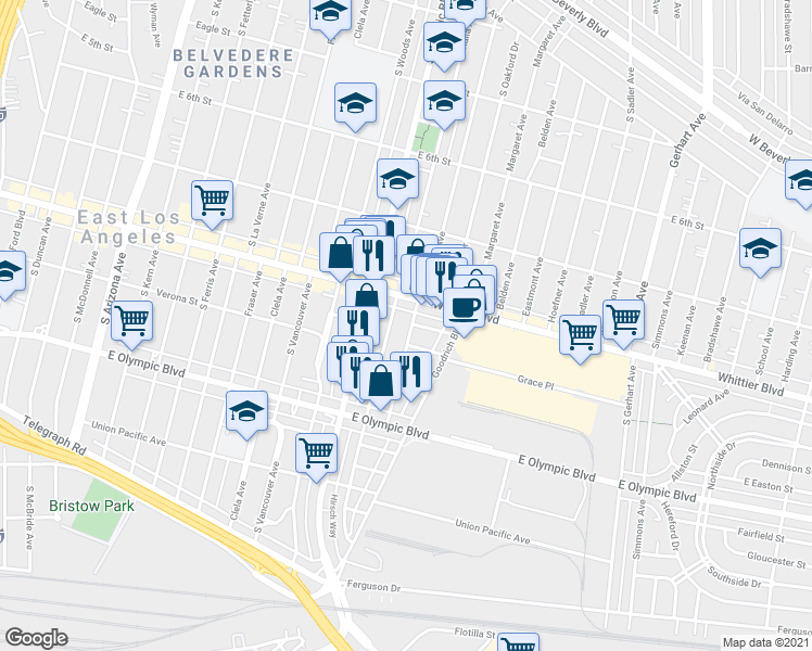 map of restaurants, bars, coffee shops, grocery stores, and more near 971 South Hillview Avenue in East Los Angeles