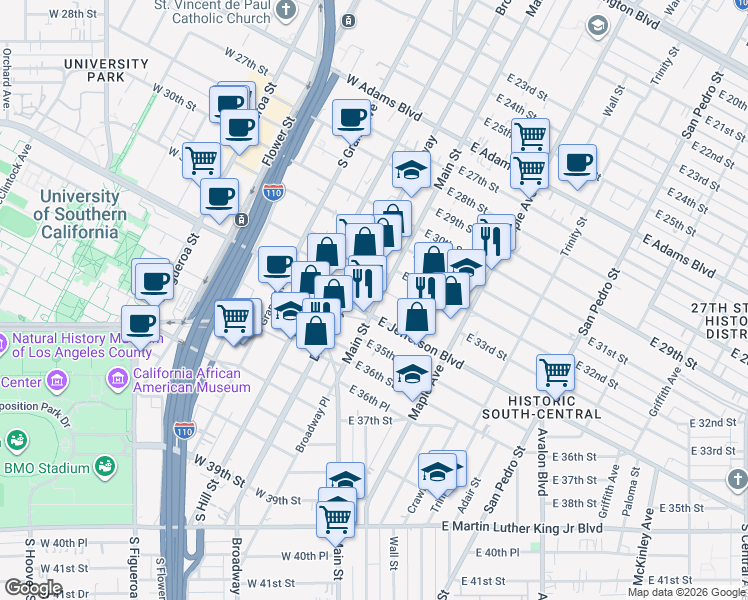 map of restaurants, bars, coffee shops, grocery stores, and more near in Los Angeles