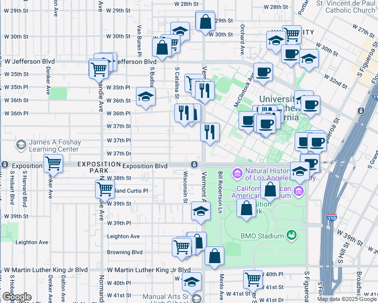 map of restaurants, bars, coffee shops, grocery stores, and more near 1043 West Exposition Boulevard in Los Angeles