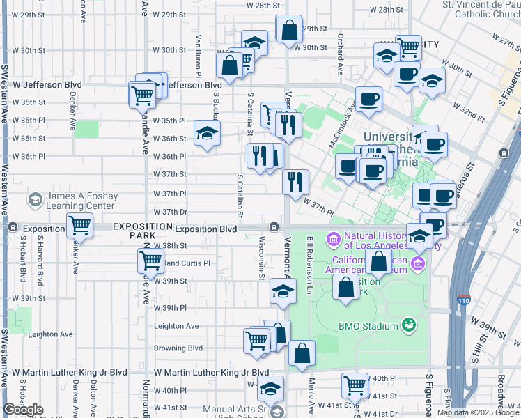 map of restaurants, bars, coffee shops, grocery stores, and more near 1043 West Exposition Boulevard in Los Angeles
