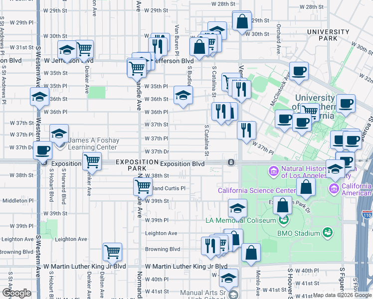 map of restaurants, bars, coffee shops, grocery stores, and more near 1141 Exposition Boulevard in Los Angeles