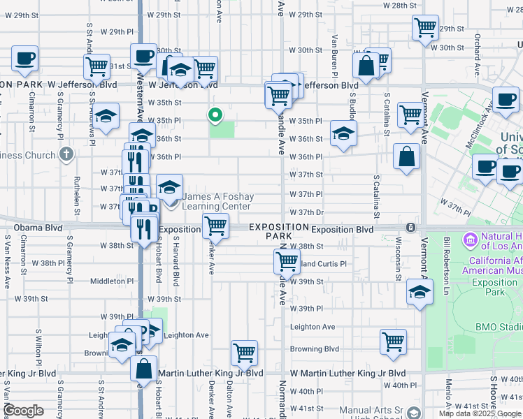 map of restaurants, bars, coffee shops, grocery stores, and more near 1351 Exposition Boulevard in Los Angeles