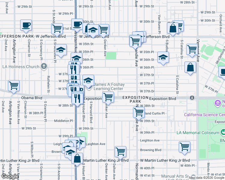 map of restaurants, bars, coffee shops, grocery stores, and more near 3770 Dalton Avenue in Los Angeles