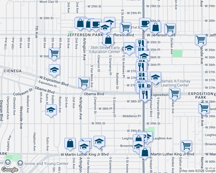map of restaurants, bars, coffee shops, grocery stores, and more near 1907 West Exposition Boulevard in Los Angeles