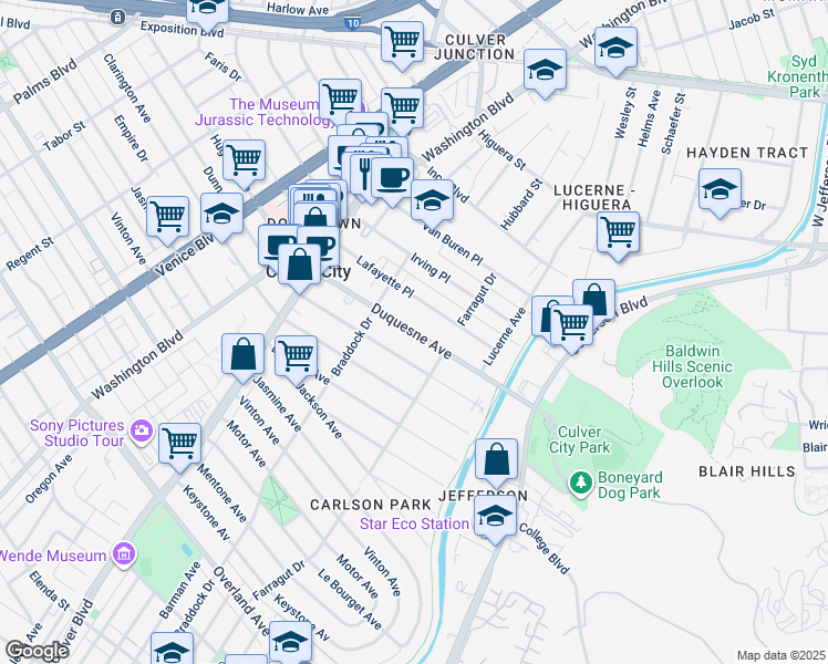 map of restaurants, bars, coffee shops, grocery stores, and more near 4185 Duquesne Avenue in Culver City