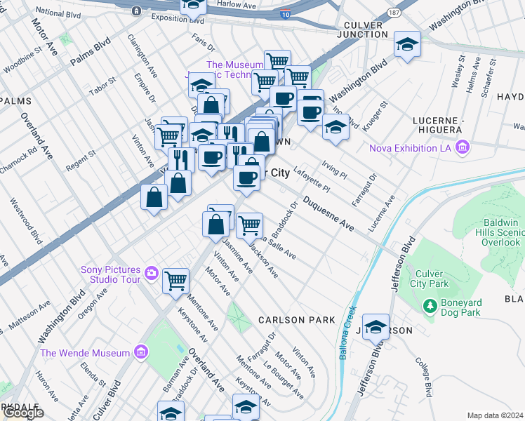 map of restaurants, bars, coffee shops, grocery stores, and more near 4055 Madison Avenue in Culver City