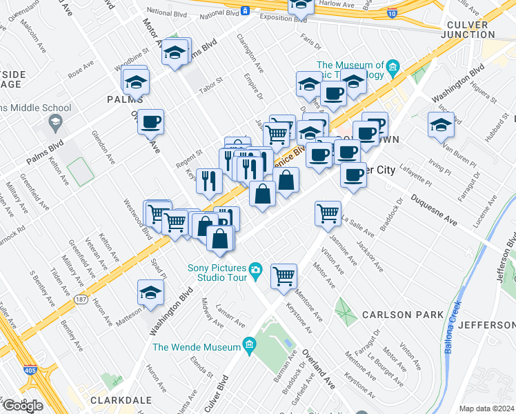 map of restaurants, bars, coffee shops, grocery stores, and more near 3861 Mentone Avenue in Culver City