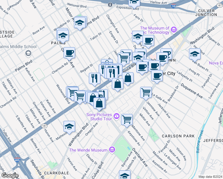 map of restaurants, bars, coffee shops, grocery stores, and more near 3861 Mentone Avenue in Culver City