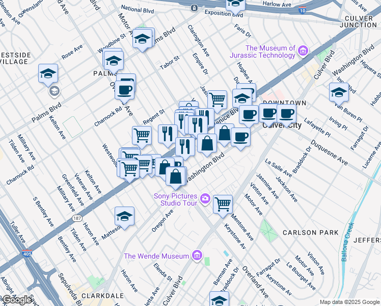 map of restaurants, bars, coffee shops, grocery stores, and more near 3861 Mentone Avenue in Culver City