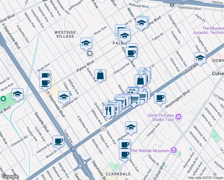 map of restaurants, bars, coffee shops, grocery stores, and more near 3671 Midvale Avenue in Los Angeles