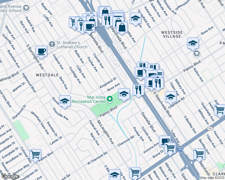 map of restaurants, bars, coffee shops, grocery stores, and more near 3401 Corinth Avenue in Los Angeles