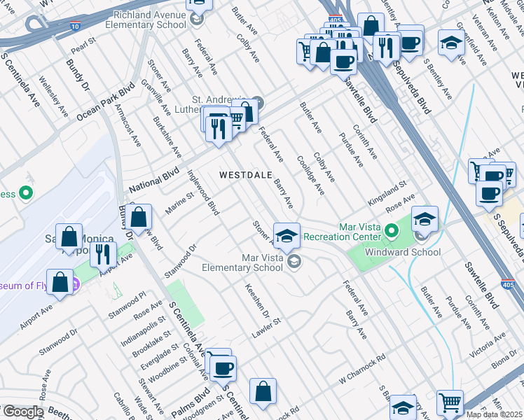 map of restaurants, bars, coffee shops, grocery stores, and more near 11800 Allaseba Drive in Los Angeles