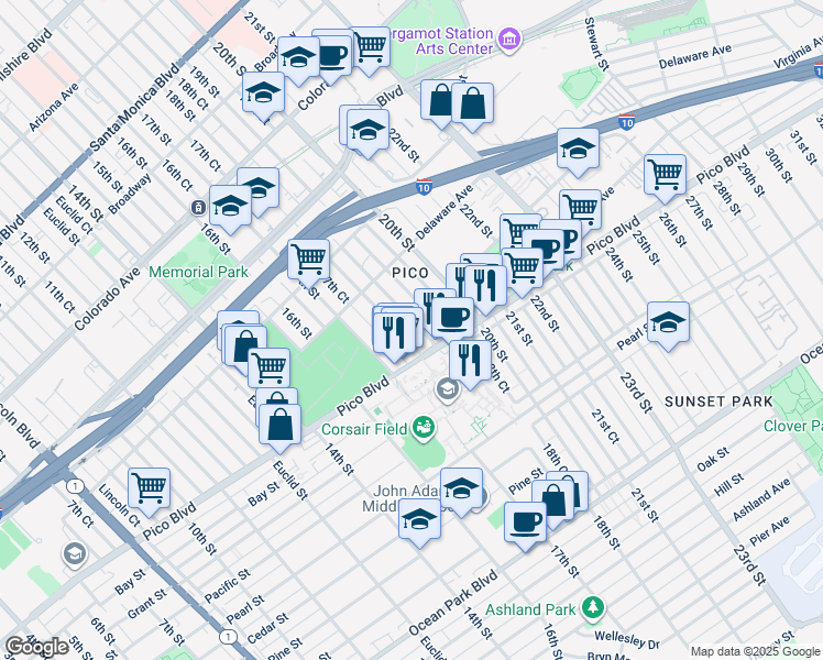 map of restaurants, bars, coffee shops, grocery stores, and more near in Santa Monica